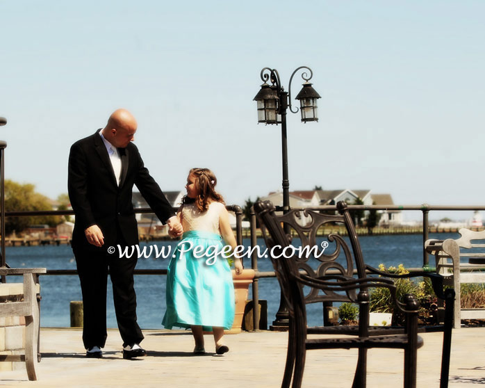 Bahama Breeze (Tiffany Blue), Deep Sea (Turquoise) and Gold Pin Tuck Pearl Silk Flower girl dresses with American Doll Dress