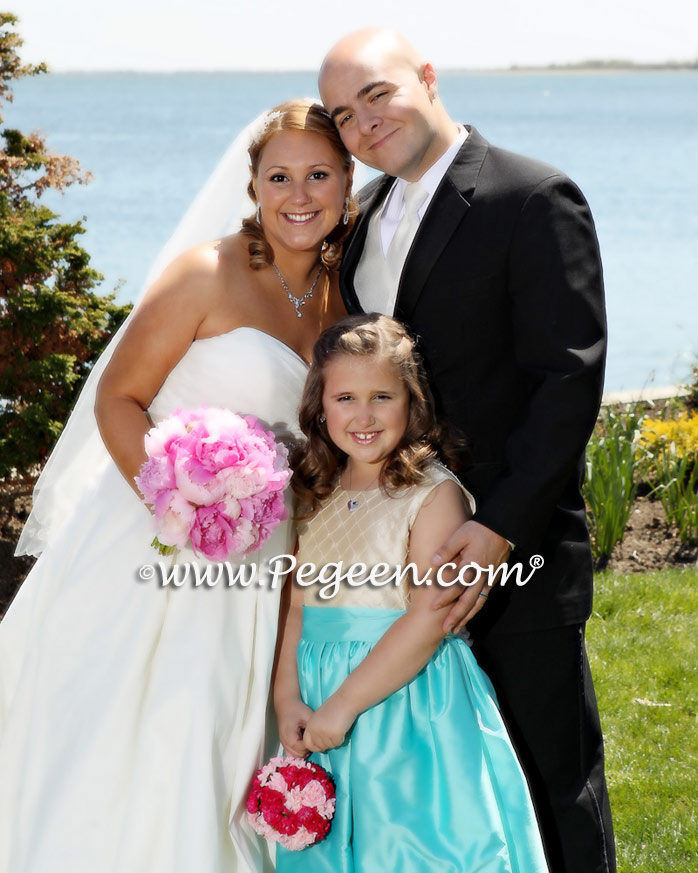 Bahama Breeze (Tiffany Blue), Deep Sea (Turquoise) and Gold Pin Tuck Pearl Silk Flower girl dresses with American Doll Dress