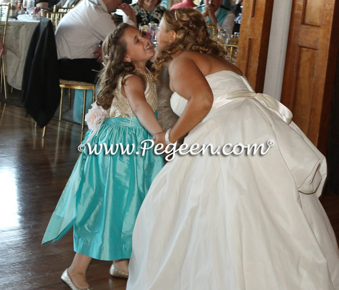 Bahama Breeze (Tiffany Blue), Deep Sea (Turquoise) and Gold Pin Tuck Pearl Silk Flower girl dresses with American Doll Dress