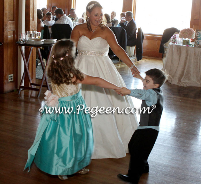 Bahama Breeze (Tiffany Blue), Deep Sea (Turquoise) and Gold Pin Tuck Pearl Silk Flower girl dresses with American Doll Dress