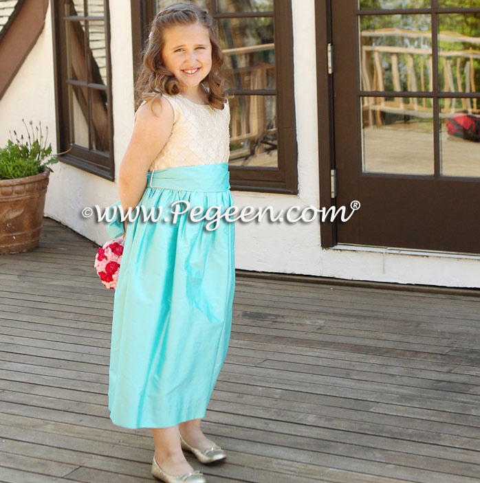 Bahama Breeze (Tiffany Blue), Deep Sea (Turquoise) and Gold Pin Tuck Pearl Silk Flower girl dresses with American Doll Dress