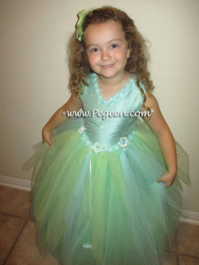 Aqualine, Mint Tulle and Silk flower girl dress fro Pegeen Couture - Style 406