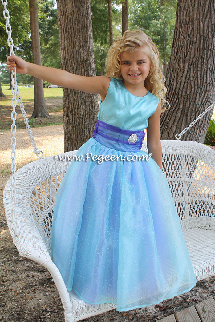 Flower girl dresses - the The Princess Grace from The Regal Collection from Pegeen. Style 691 in various color combinations. Customer chose Aqua and Lavender