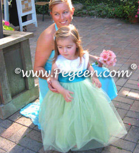 Green Tulle, Key Lime Green, New Ivory and Oceanic Blue Silk Flower Girl Dresses