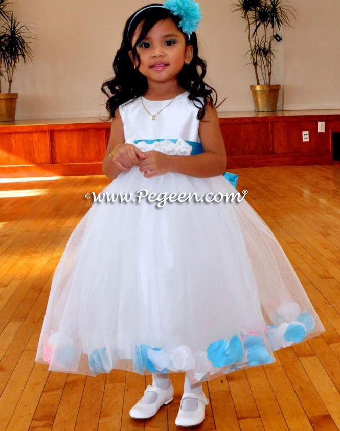 Flower Girl Dresses in white silk with tahiti blue sash and white tulle and petals