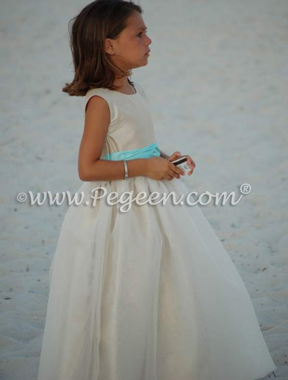 Pegeen Style 326 FLOWER GIRL DRESSES in summer tan and tiffany blue