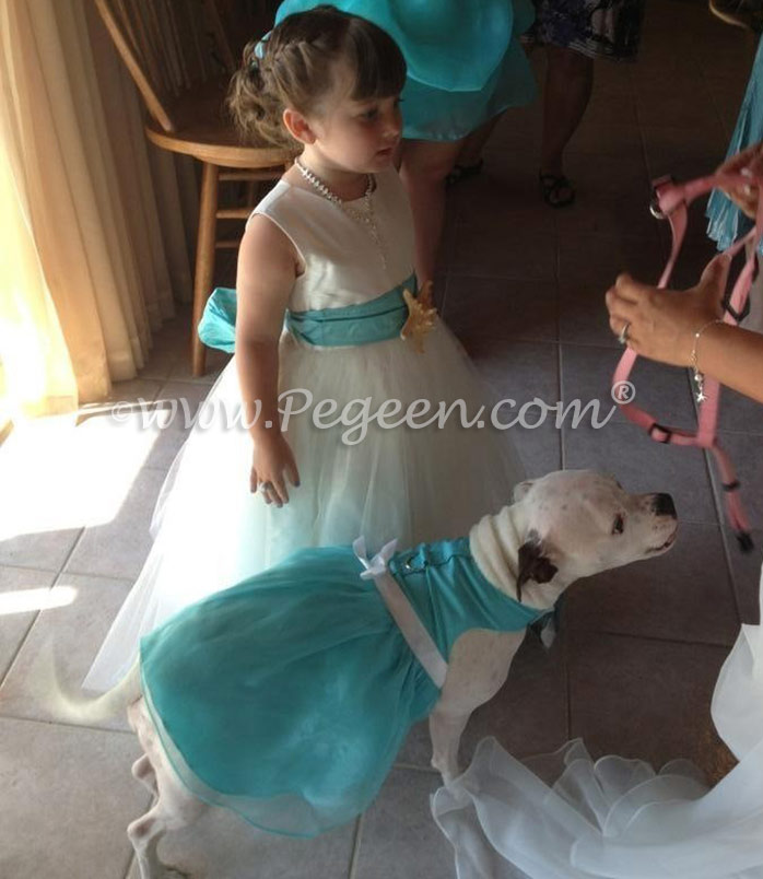 Antique White and Bahama Breeze (tiffany) Custom Silk Flower Girl Dresses with Sea Shell Trim by Pegeen Classics style 333