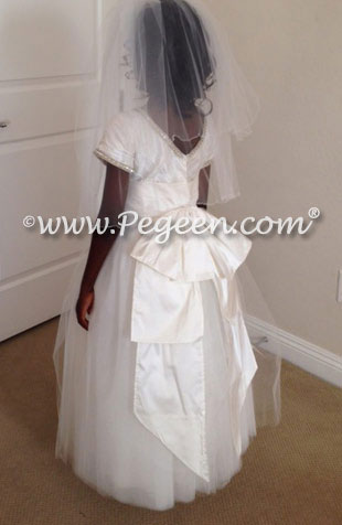 Cotillion or Couture First Communion Dress w/Tulle, Pintuck and Pearled Silk Trellis and Rhinestone and Pearl Trim