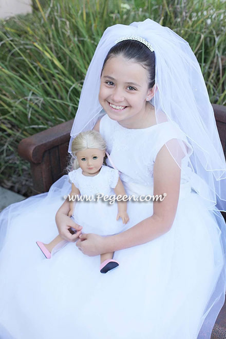 Pegeen Heavenly Whites Collection Style 965 in antique white ABOVE with matching American Doll dress