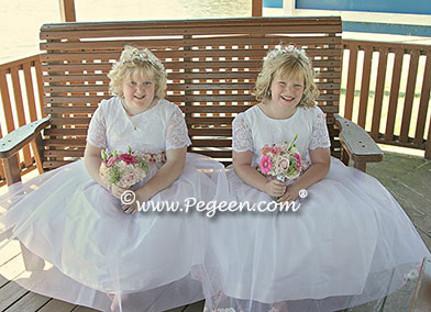 White lace and tulle silk flower girl dresses with petals