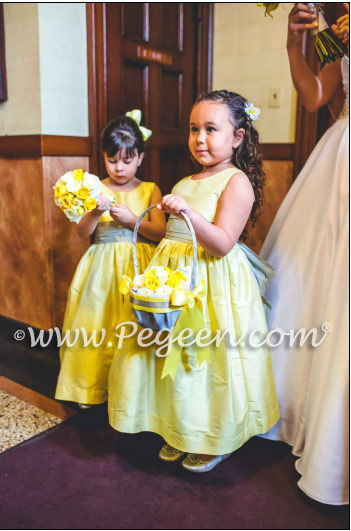 Lemonade yellow and silver gray silk flower girl dresses