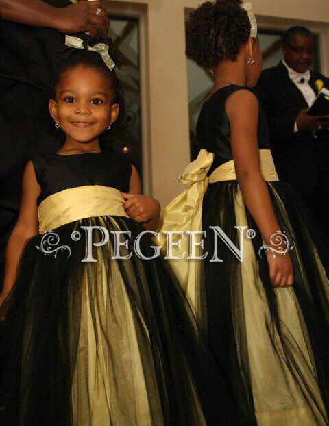 Flower Girl Dress Shown in black and gold silk with black tulle