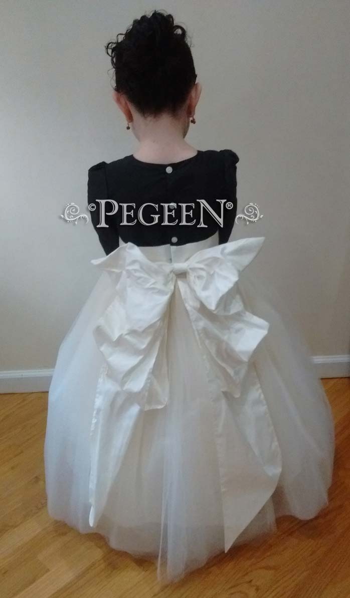 black and white tulle  flower girl dresses with 3/4 sleeves