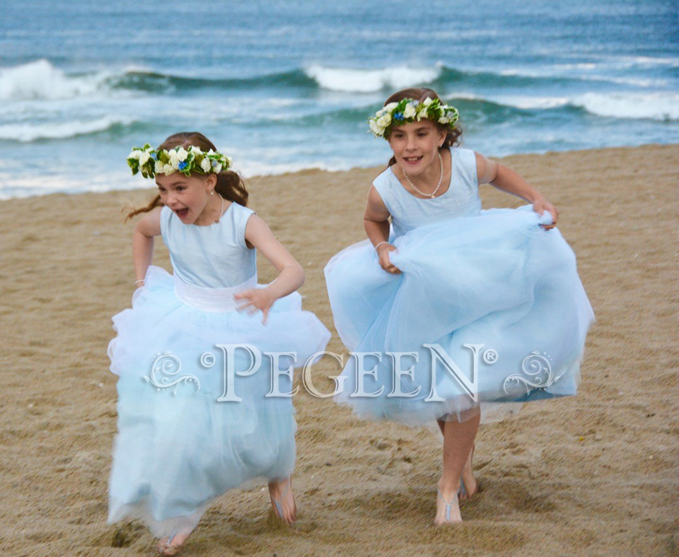 FLOWER GIRL DRESSES in Ice Blue and blue tulle with Cinderella Sash