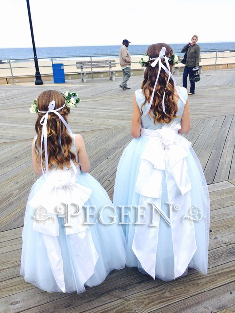 FLOWER GIRL DRESSES in Ice Blue and blue tulle with Cinderella Sash