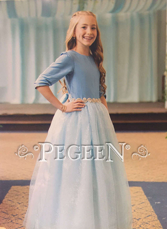 Blue Moon and Cinderella Blue Flower Girl Dress in tulle and silk with rhinestone belt | Pegeen
