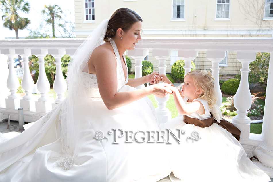 New Ivory and Chocolate Brown flower girl dress with organza