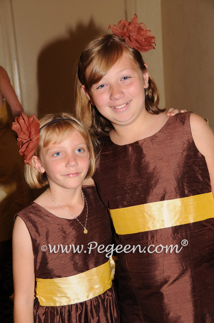 Brown and saffron jr bridesmaids and matching flower girl dress