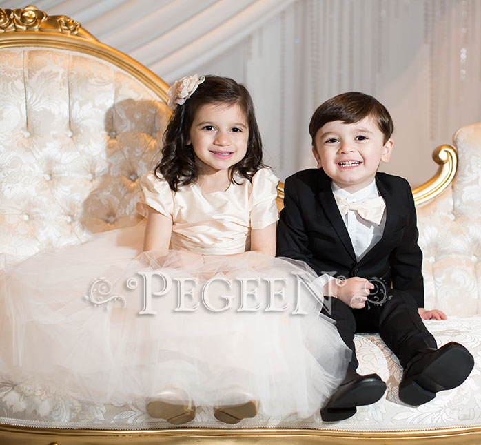 Champagne Pink Silk and Tulle Silk Flower Girl Dresses with modest sleeves | Pegeen