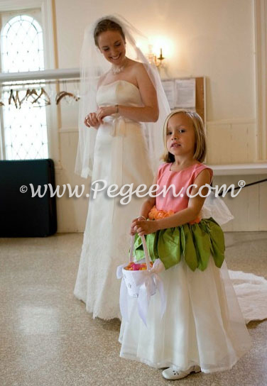 Coral and Sprite Green custom silk flower girl dresses