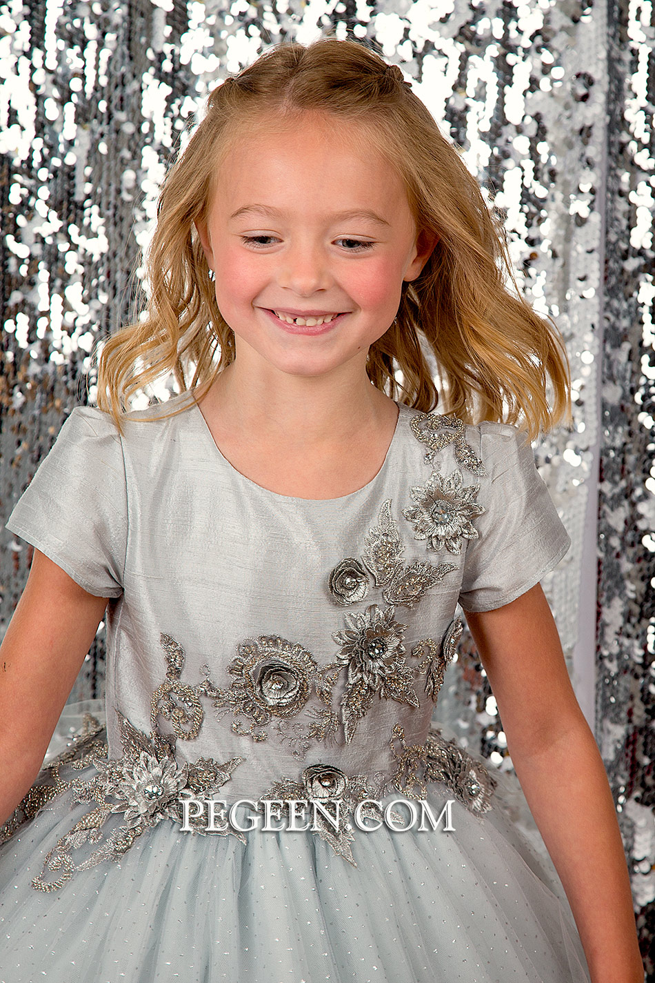 Platinum and Silver 3-Dimensional Embroidered Silk flower girl dresses