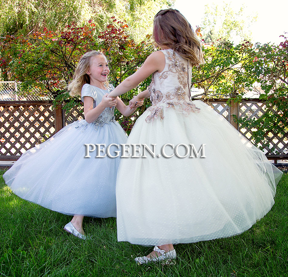 Toffee and Gold 3-Dimentional Embroidered Silk flower girl dresses