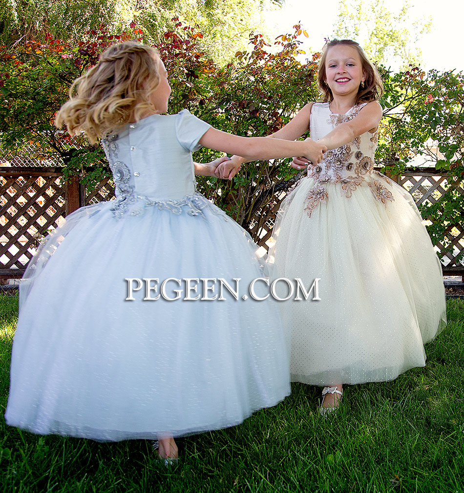 Platinum and Silver 3-Dimensional Embroidered Silk flower girl dresses
