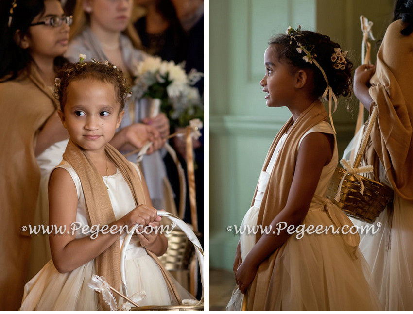 Flower Girl Dress in Spun Gold Silk and Tulle - Style 402 and Jr Bridesmaids Style 306