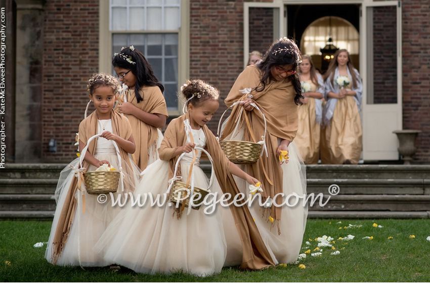 Flower Girl Dress in Spun Gold Silk and Tulle - Style 402 and Jr Bridesmaids Style 306