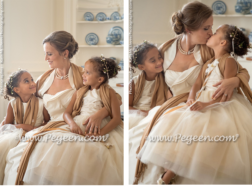 Flower Girl Dress in Spun Gold Silk and Tulle - Style 402 and Jr Bridesmaids Style 306