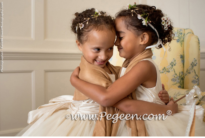 Flower Girl Dress in Spun Gold Silk and Tulle - Style 402 and Jr Bridesmaids Style 306