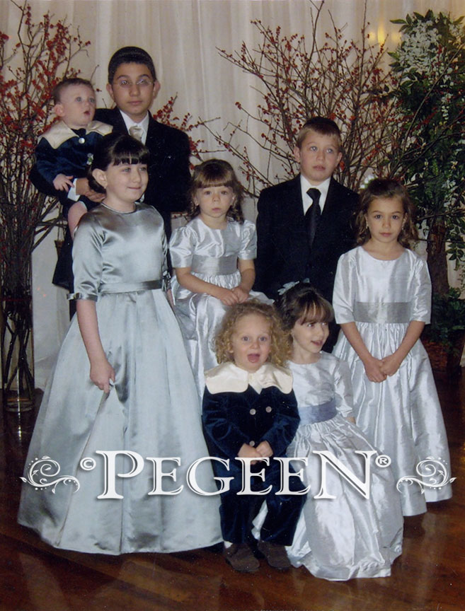 Platinum Gray Silk Flower Girl Dresses with modest sleeves | Pegeen