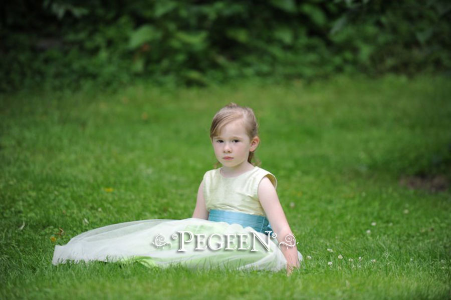 Summer green, adriatic blue and apple green tulle flower girl dresses from Pegeen Classics