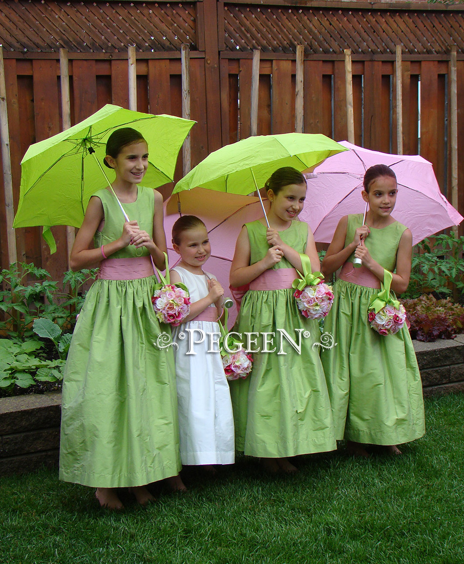 Custom Flower Girl Dress in sprite green and lollipop Styles 398 and 345