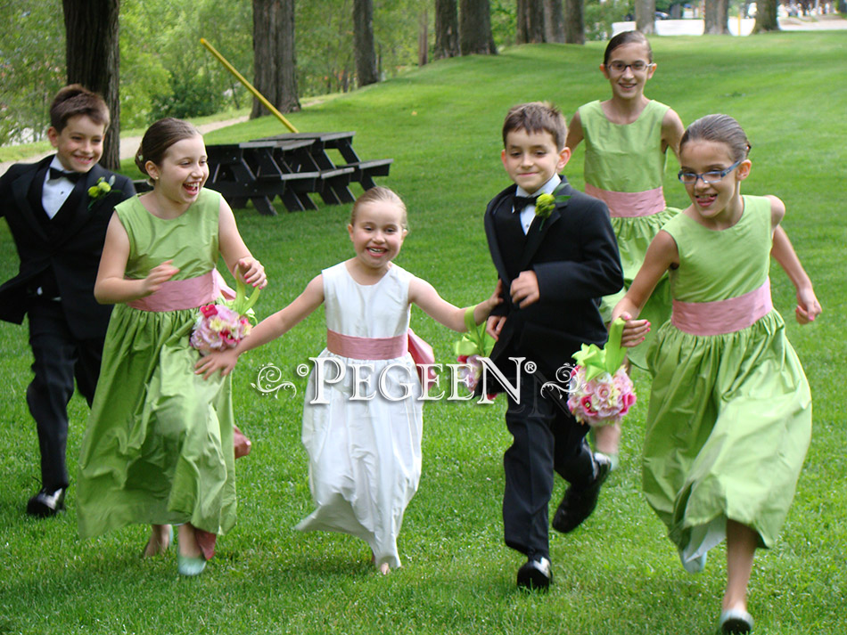 Custom Flower Girl Dress in sprite green and lollipop Styles 398 and 345