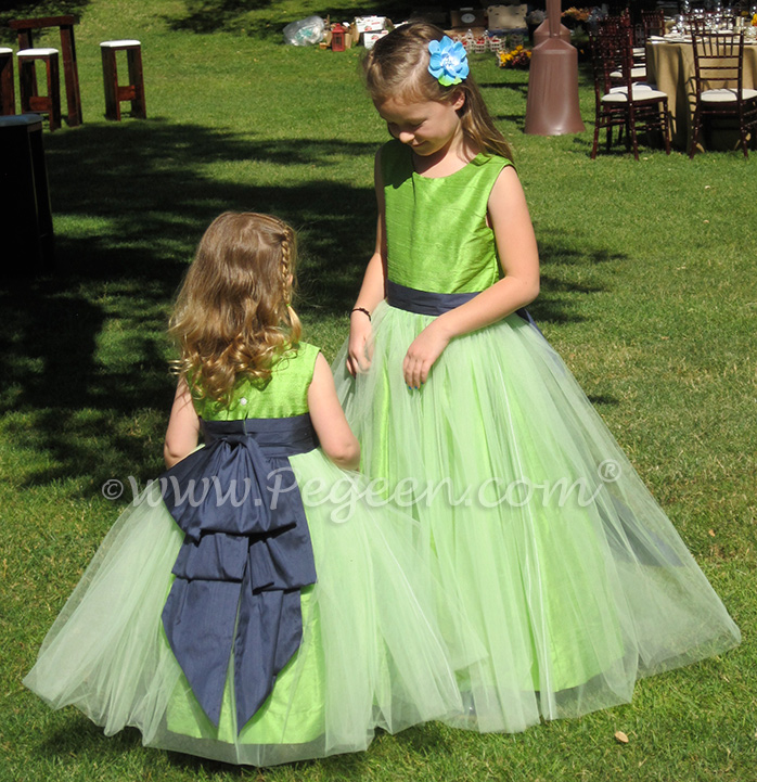 Apple green and Navy Blue Silk flower girl dresses Style 394