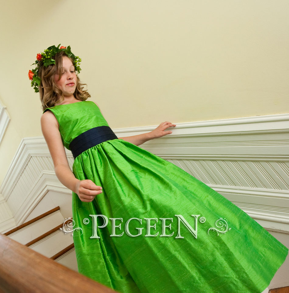 Key Lime and Midnight (green and navy) Silk flower girl dress