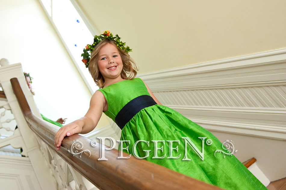 Key Lime and Midnight (green and navy) Silk flower girl dress