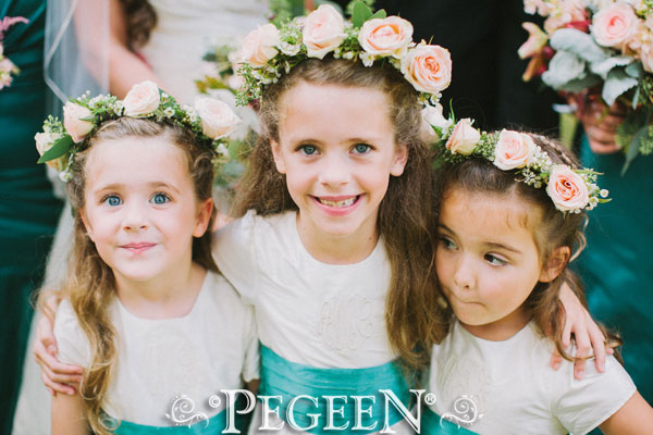 white and jadite green silk flower girl dresses are monogrammed as well