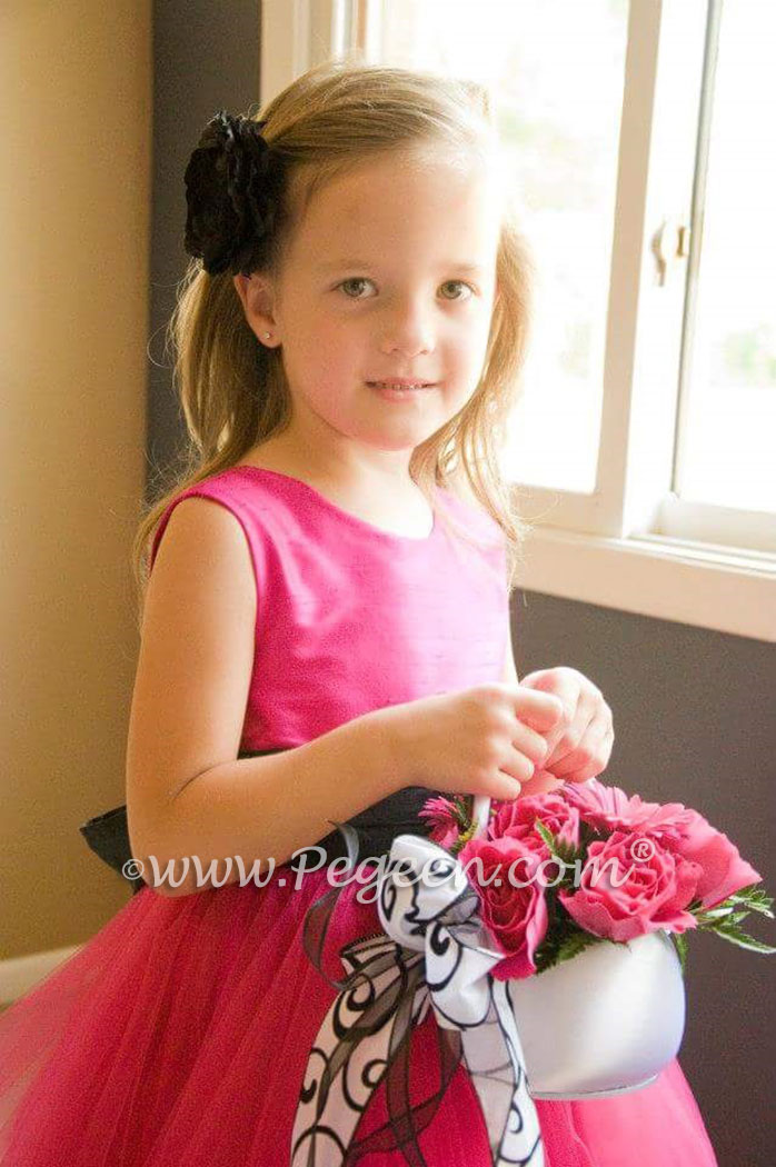 Silk Flower Girl Dresses in Raspberry Pink Silk and Tulle with a Black Sash