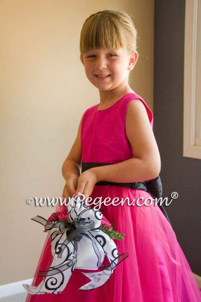 Silk Flower Girl Dresses in Raspberry Pink Silk and Tulle with a Black Sash