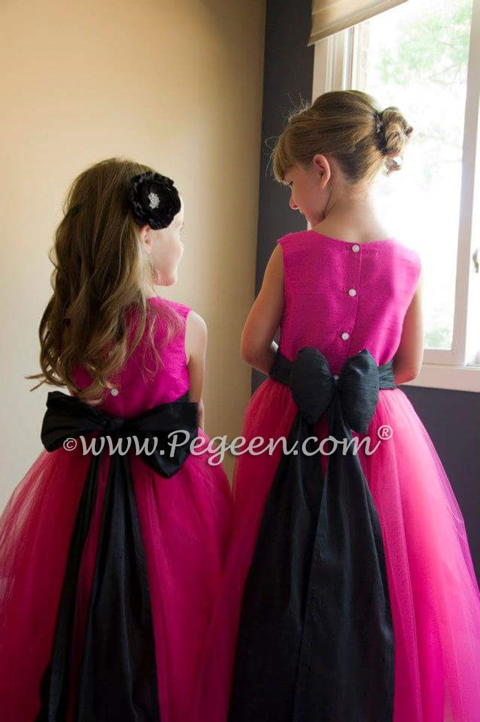 Silk Flower Girl Dresses in Raspberry Pink Silk and Tulle with a Black Sash