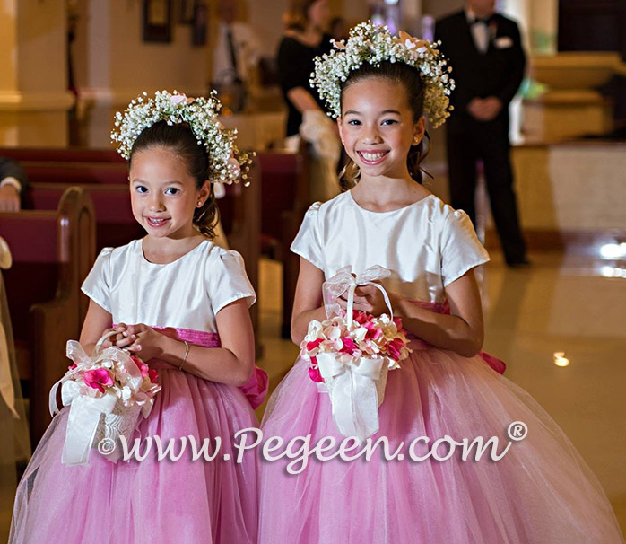 Flower girl dresses with tulle in Rose pink and ivory silk | Pegeen