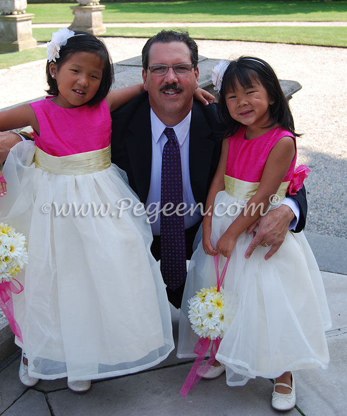 Hot pink, sunflower yellow and white flower girl dresses