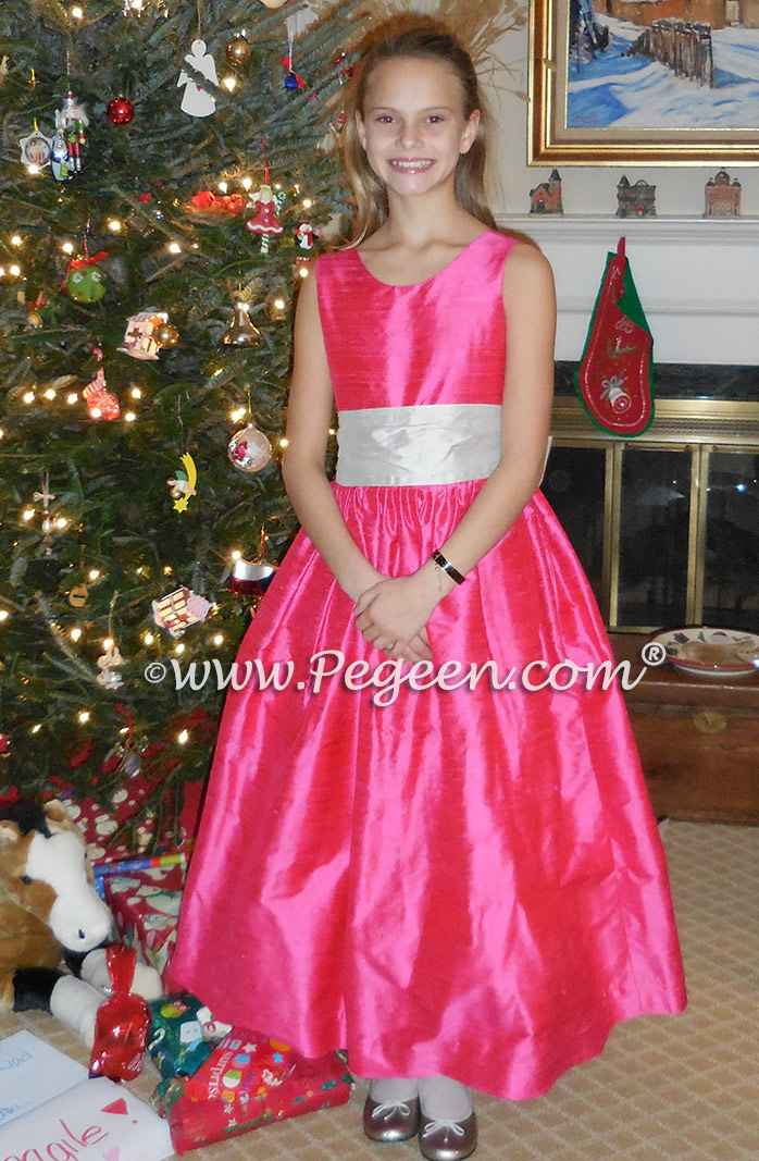 Platinum gray and shock pink silk flower girl dress Classic Style 388