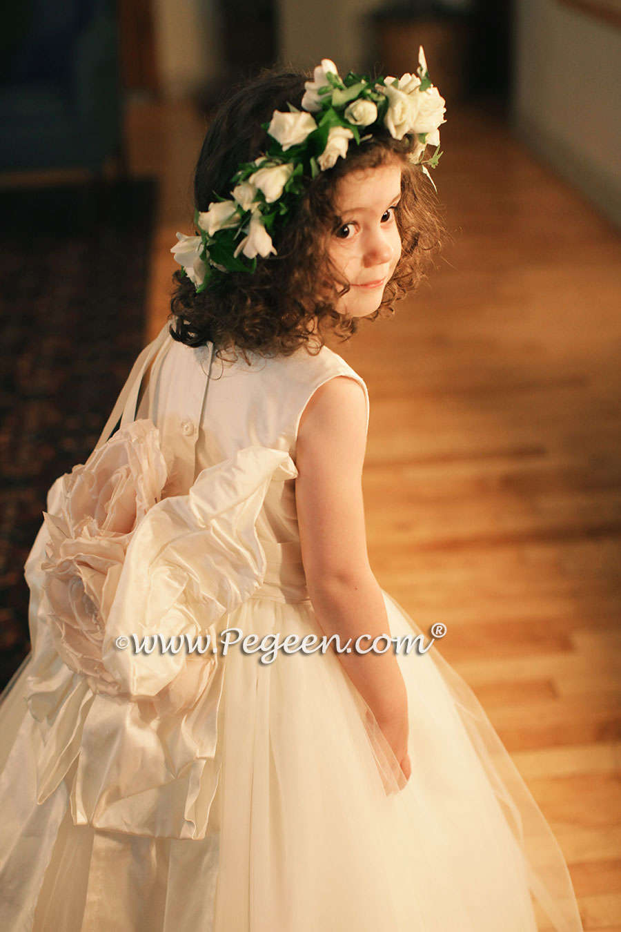 Pegeen Couture Flower Girl Dress Style 402 in New Ivory with Pegeen Signature Bustle
