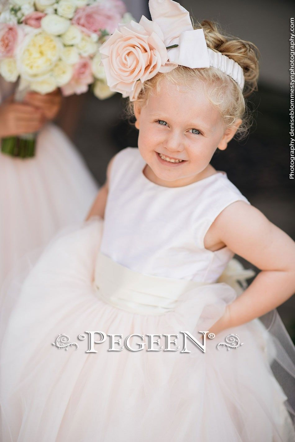 Pink and Ivory silk flower girl dresses with tulle skirt and Signature Bustle