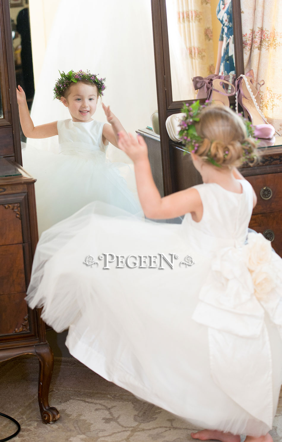 New Ivory Silk flower girl dress with Pegeen Signature Bustle