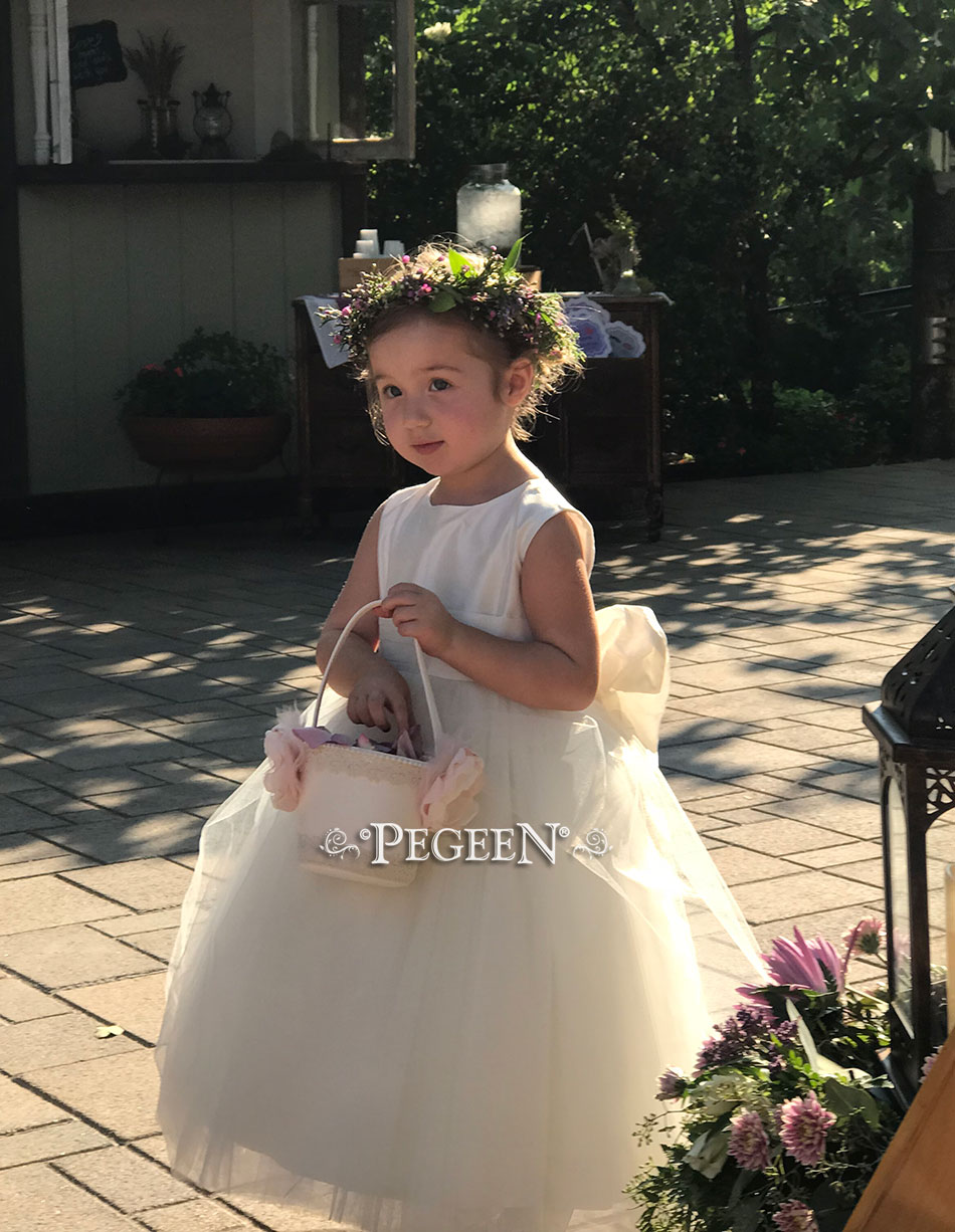 New Ivory Silk flower girl dress with Pegeen Signature Bustle