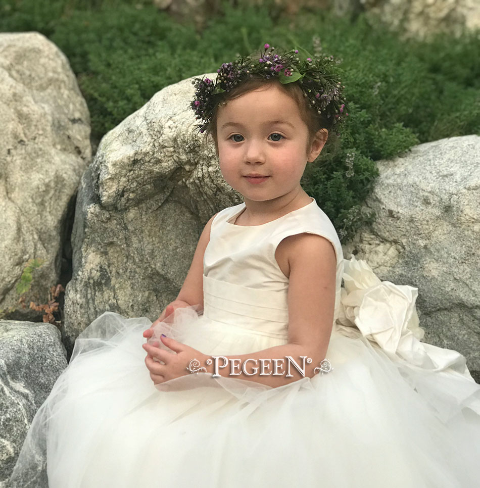 New Ivory Silk flower girl dress with Pegeen Signature Bustle